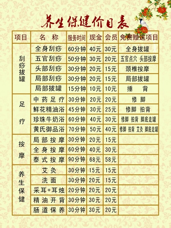 养生价目表图片