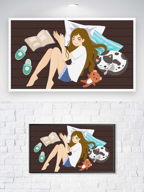 卡通女孩和小猫咪躺在地板上小憩