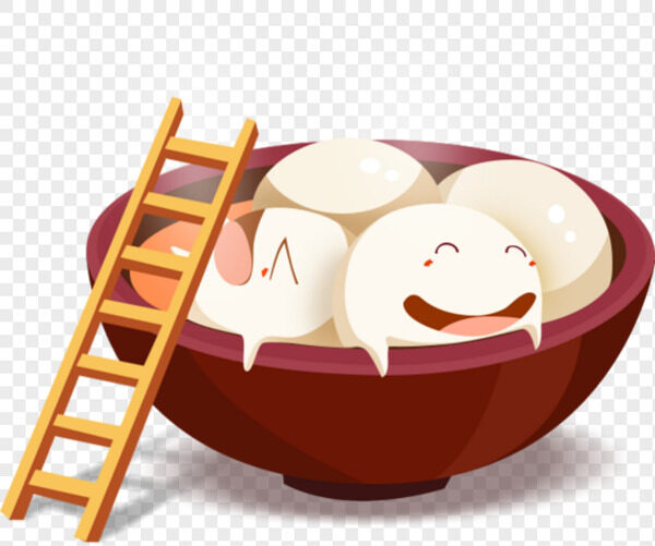 手绘卡通白胖胖小汤圆在碗里拉着小梯子