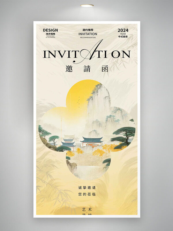 文艺简约创意手绘古典意境插画邀请函