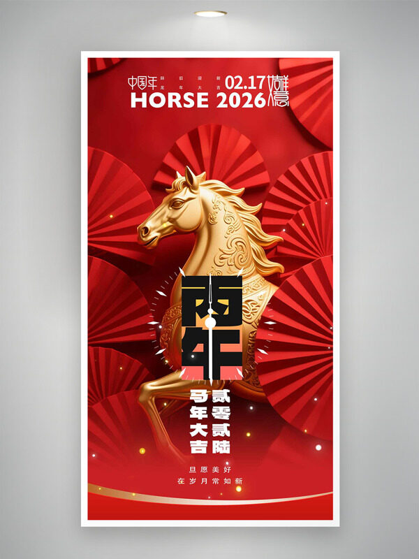 中国风金马插画马年大吉新春迎福节日海报