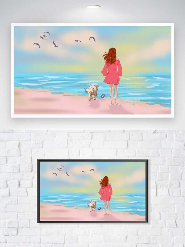 卡通狗狗带着球和美女主人在沙滩海边看日出