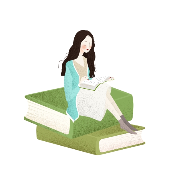 坐在书本上看书的女孩图案