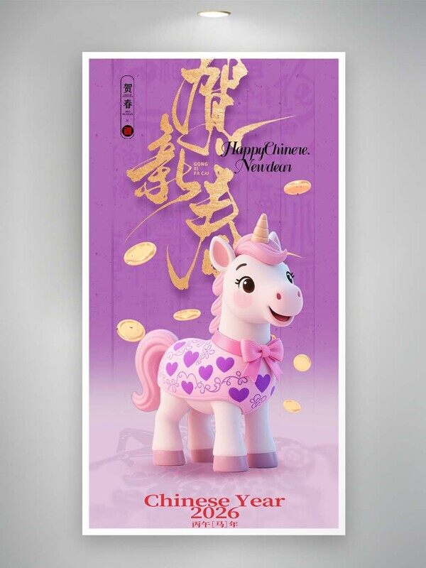 紫色可爱卡通小马贺新春紫气东来海报