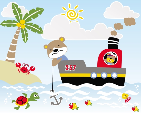 欢乐轮船海边度假儿童插画