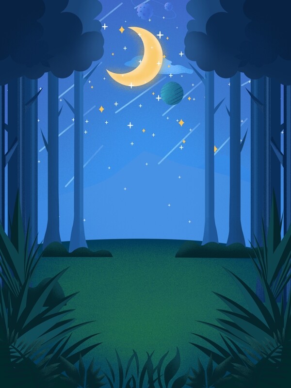 蓝色树林星空晚安背景设计
