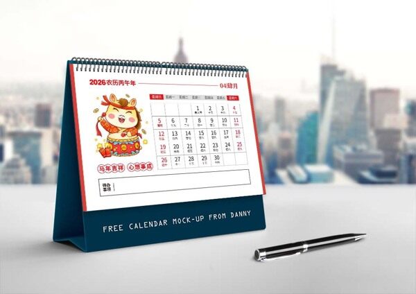 新年卡通敲鼓马上有福岁岁平安2026年四月日历