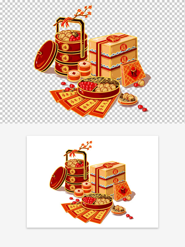 创意手绘春节年货礼盒插画设计