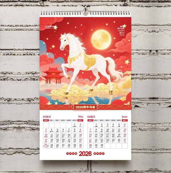 红色祥云圆月白马新年2026五月六月工作日程台历