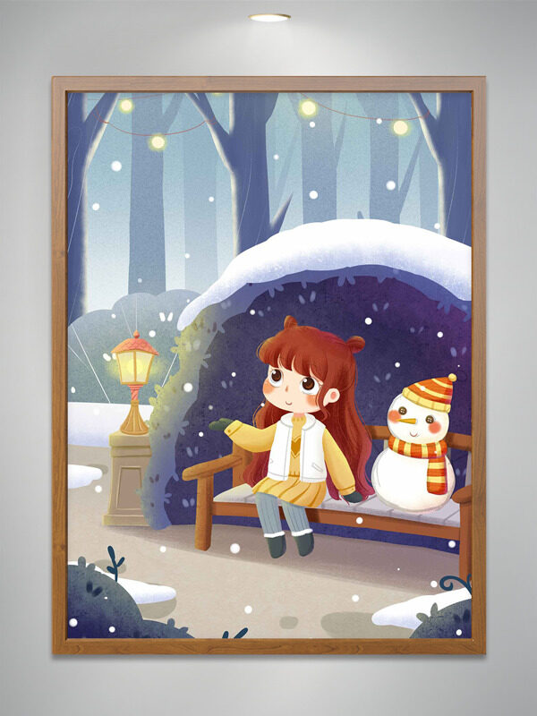唯美浪漫雪季卡通女生雪人插画