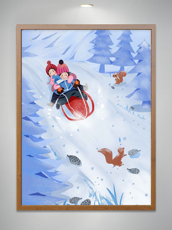 手绘卡通小孩雪中玩雪橇创意插画