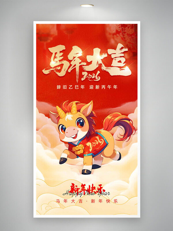马年大吉新年快乐卡通骏马祥云海报