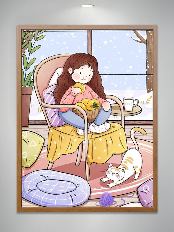 温馨冬日室内卡通手绘女生吃水果插画