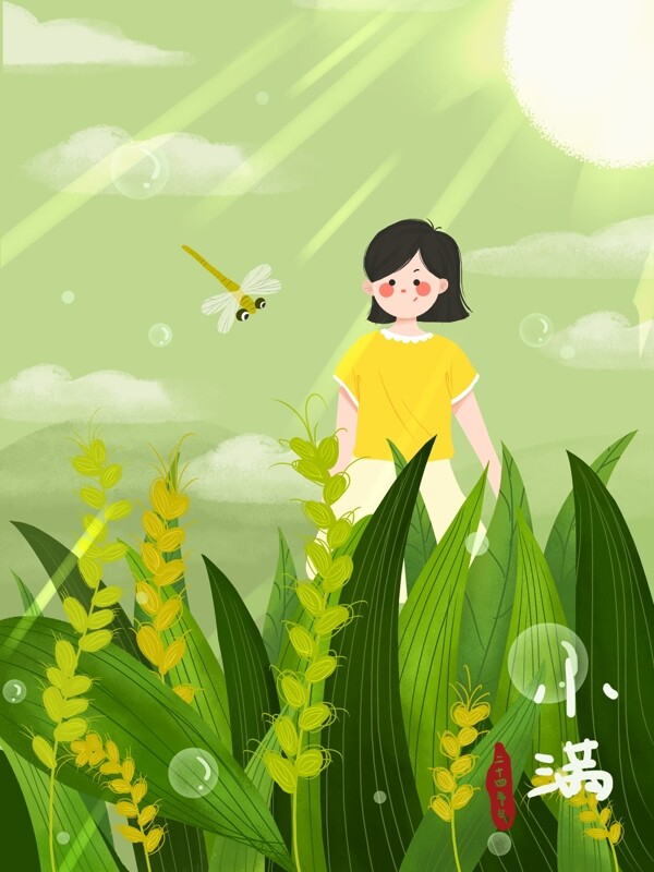二十日节气小满麦子成熟小女孩在田野蜻蜓
