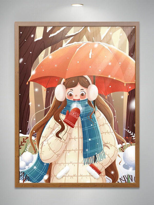 浪漫冬日手绘卡通女生撑伞唯美插画