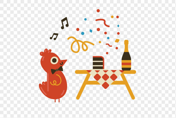 卡通红色小鸟在饭桌边唱歌香槟饮料手绘插画