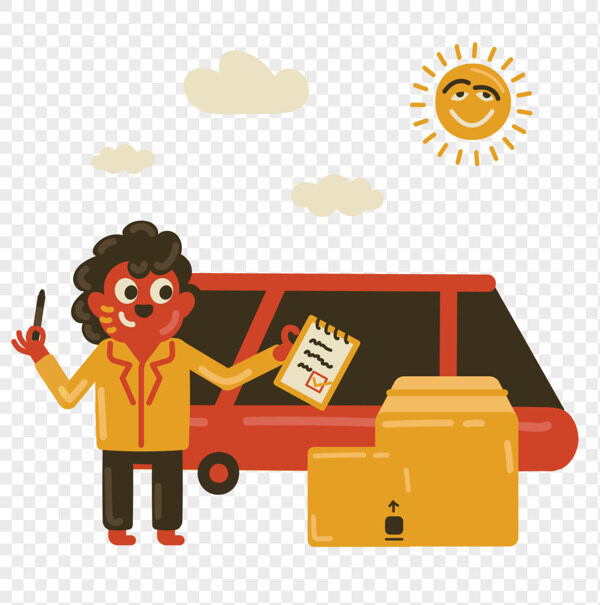 手绘红色抽象老虎记录搬运行李到汽车场景插画