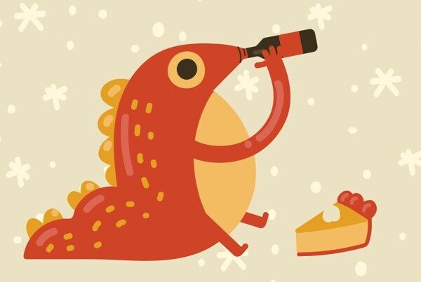 手绘卡通红色钻地鼠吃蛋糕喝可乐抽象插画