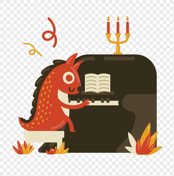 手绘红色小恐龙优雅的弹钢琴卡通插画