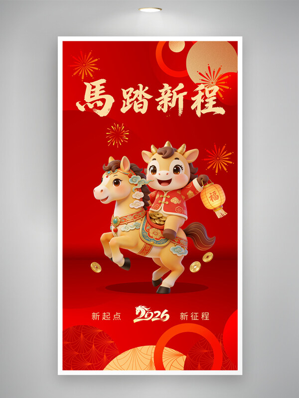 红色喜庆新年快乐马踏新程节日海报