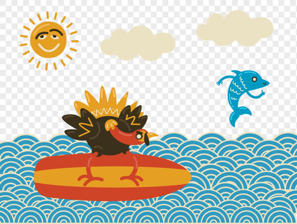 手绘抽象火鸡在海上冲浪海豚陪伴插画