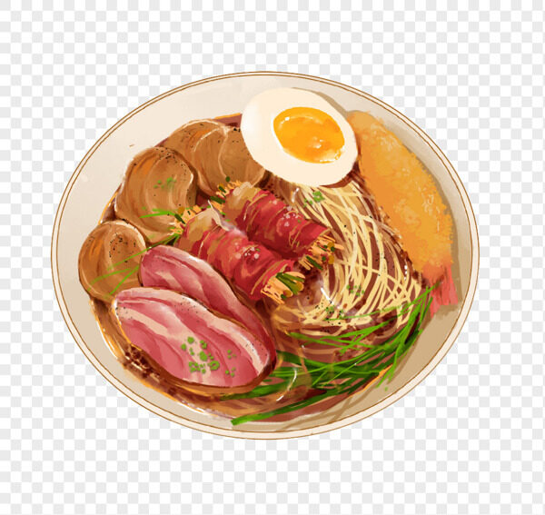 手绘日式叉烧肉培根金针菇天妇罗汤面免抠美食