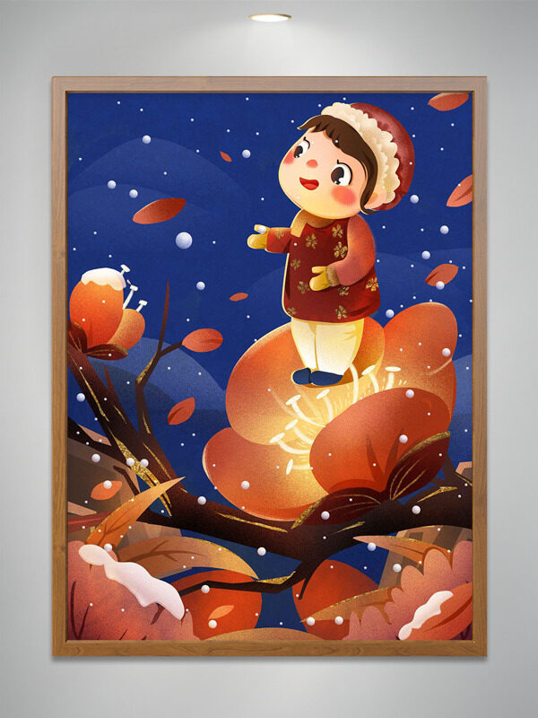 创意手绘可爱男生花卉冬日雪景插画
