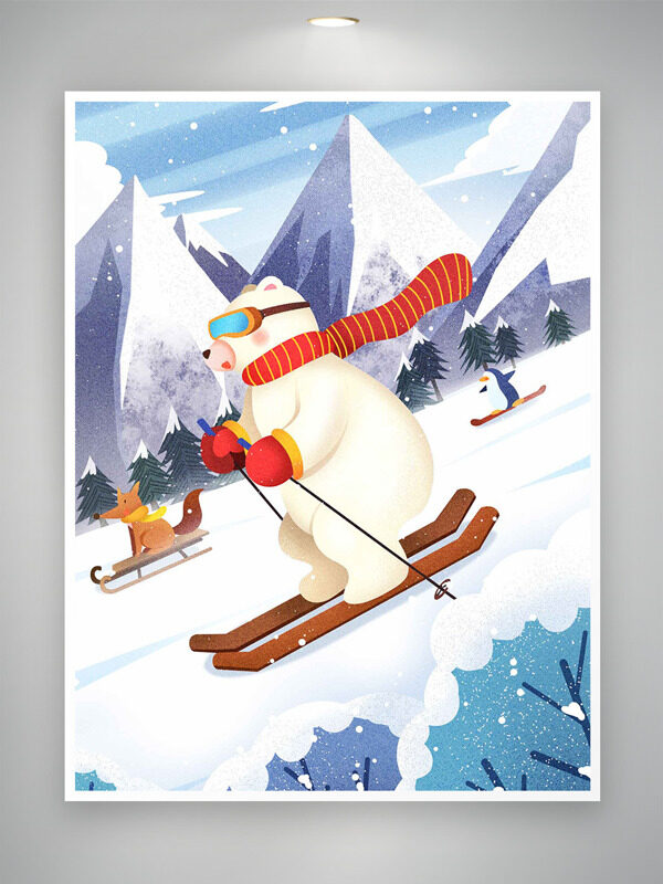卡通手绘森林动物滑雪主题插画