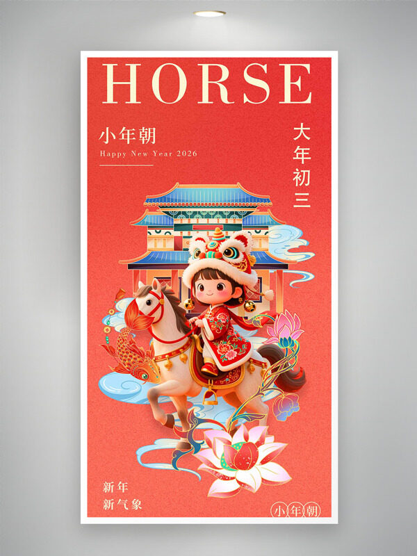 创意卡通插画红色背景大年初三年俗海报