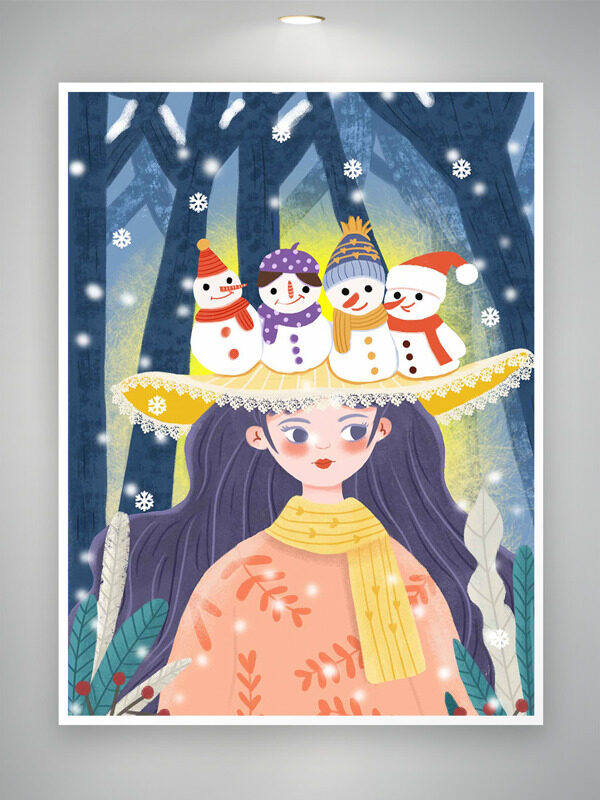 唯美冬日森林手绘女生雪精灵插画