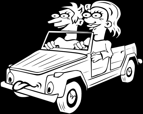 女孩和男孩驾驶汽车的卡通轮廓剪贴画