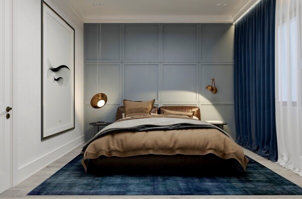 咖啡和蓝色窗帘卧室图片