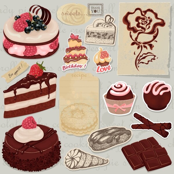 怀旧巧克力蛋糕玫瑰标签贴纸图片