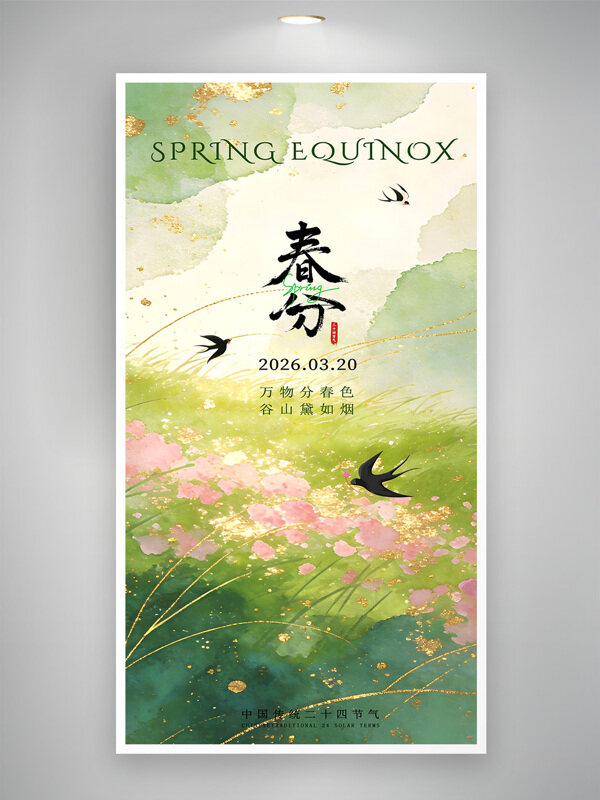 万物分春色谷山黛如烟绿色主题春分节气海报