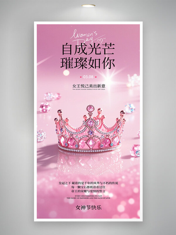 粉色皇冠浪漫粉色主题妇女节宣传海报