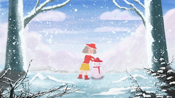 立冬冬季小雪大雪冬天里堆雪人的小女孩插画