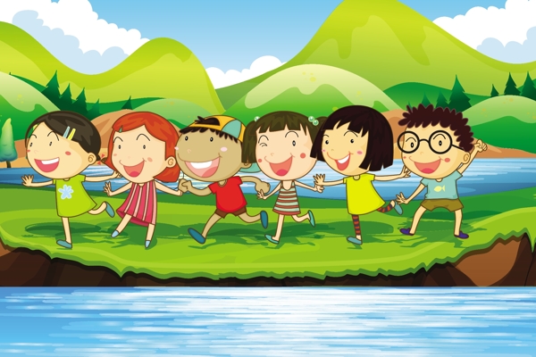 快乐的孩子池塘边风景插图