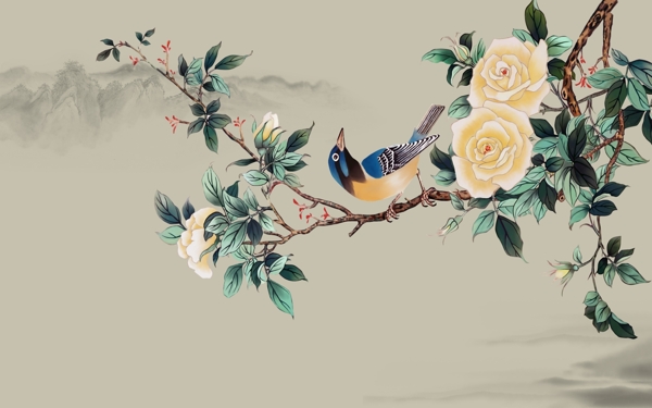 新中式手绘花鸟喜上眉梢背景墙