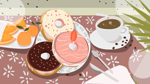 下午茶甜点粉色甜甜圈手绘插画
