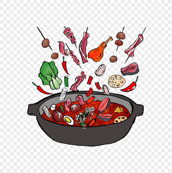 手绘全辣牛油火锅羊肉牛肉鸡腿素菜藕片食材免抠