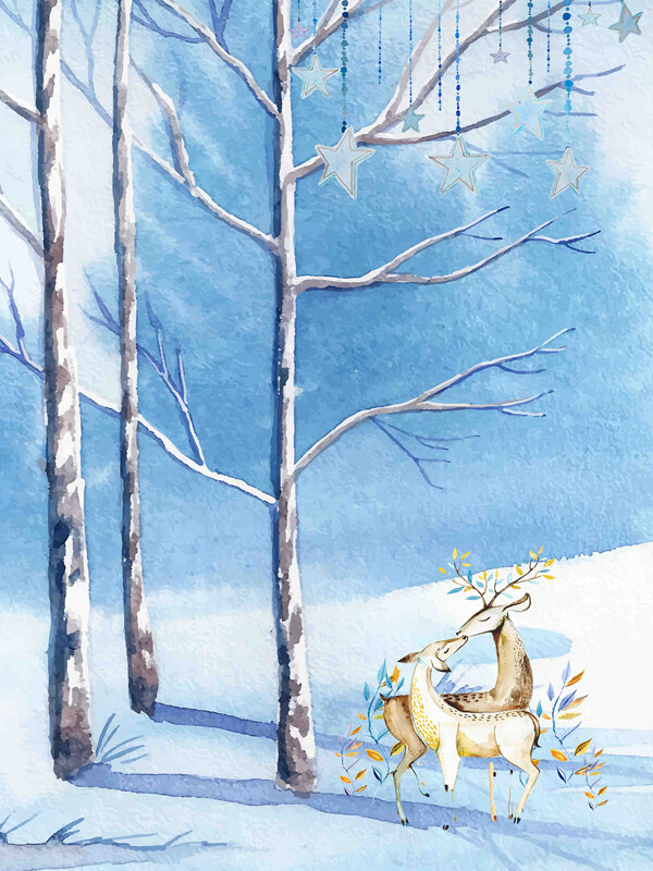 北欧手绘树林麋鹿装饰画