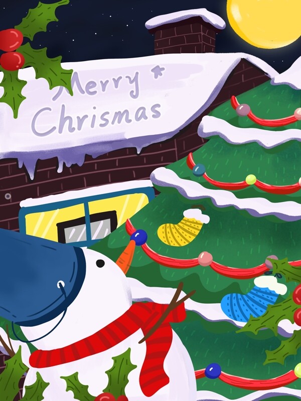 原创圣诞节节日雪人圣诞树手绘插画
