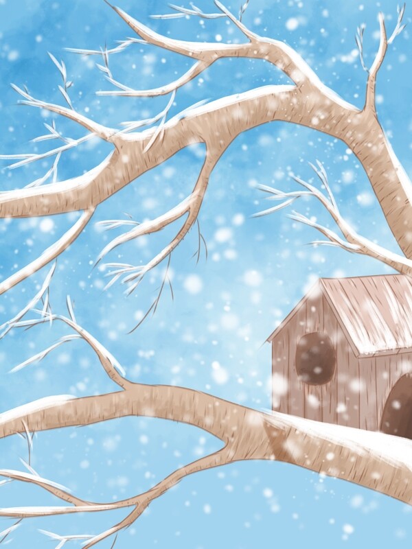 彩绘冬季蓝色树枝小屋背景