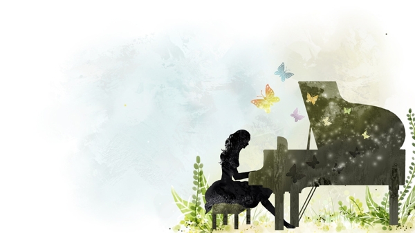 手绘弹钢琴的女孩风景插画图片