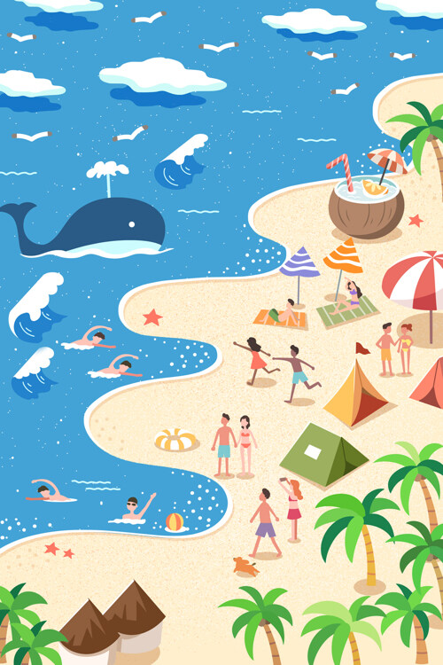 卡通手绘动物夏日沙滩度假派对海报
