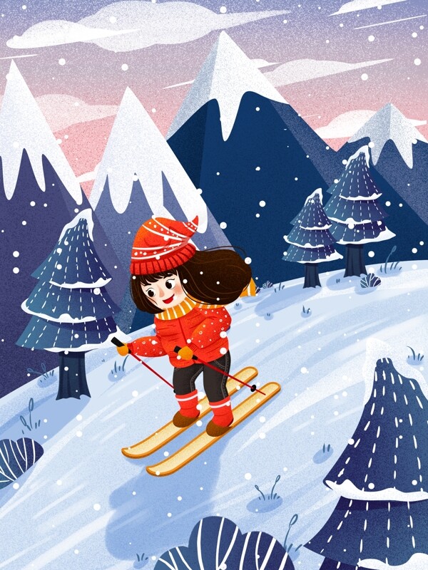 冬季雪景女孩雪地滑雪插画