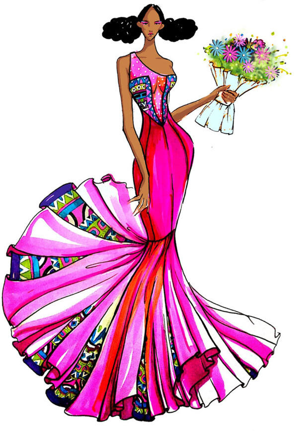 粉色民族风长裙设计图