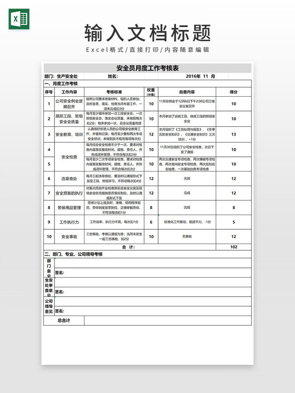 通用安全员月度工作考核表EXCEL模板