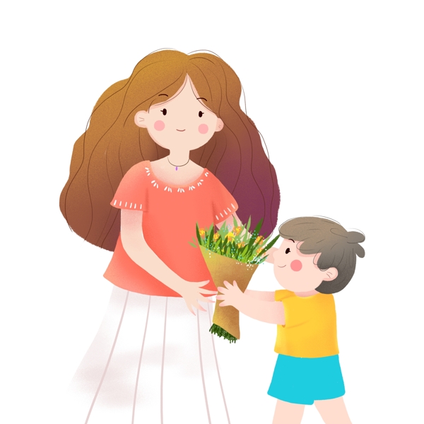 治愈系母亲节孩子给妈妈送花场景插画