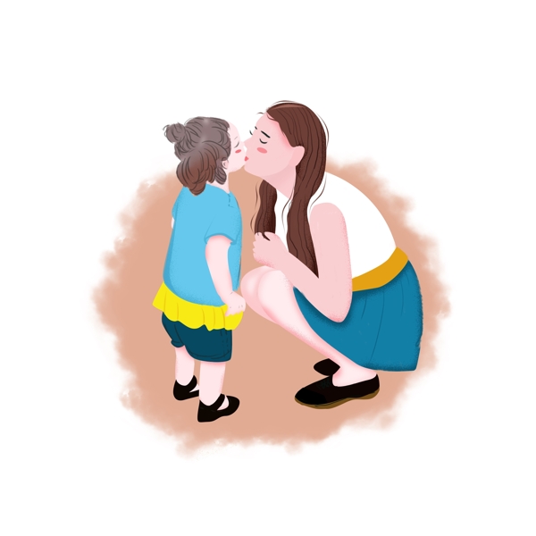 母亲亲吻孩子蓝色插画风人物元素